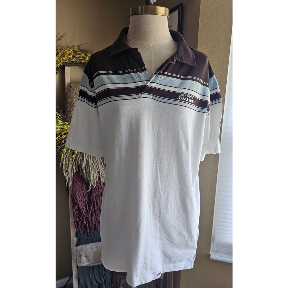 100% Cotton Genuine Dickies Stiped Short Sleeve Shirt Lg 42-44 blue, white brown